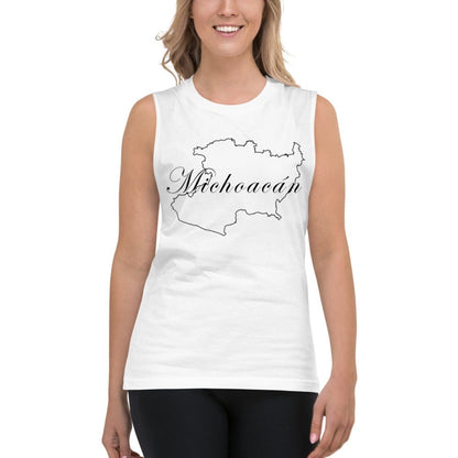 A white unisex muscle shirt with the text 'Michoacan' printed on the front.