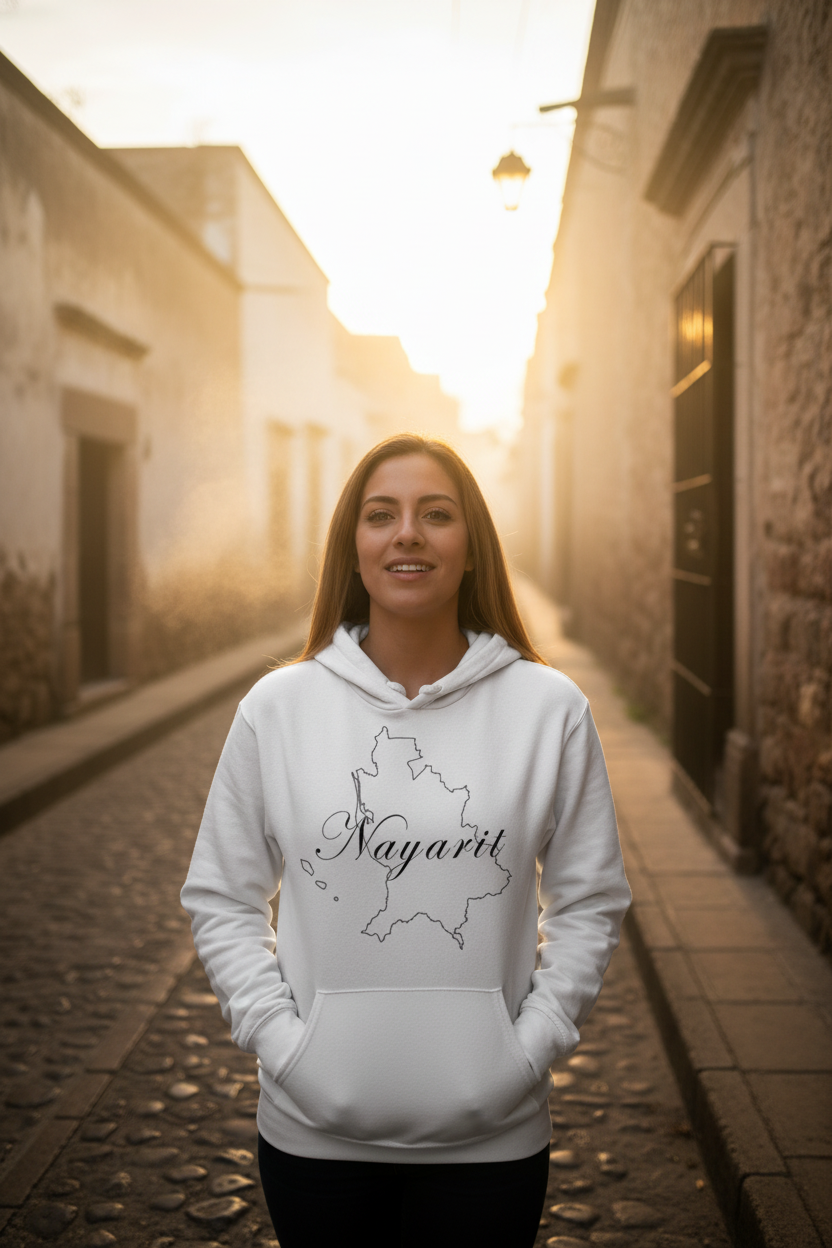 A woman wearing a white hoodie with the text 'Nayarit' printed on the front.