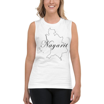 A person wearing a white unisex muscle shirt with the text 'Nayarit' on it.