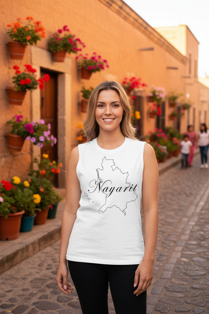 A person wearing a white unisex muscle shirt with the text 'Nayarit' on it.