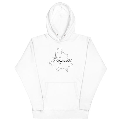 A white hoodie with 'Nayarit' text on the front and a hood.