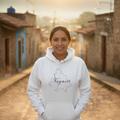 A white hoodie with 'Nayarit' text on the front and a hood.