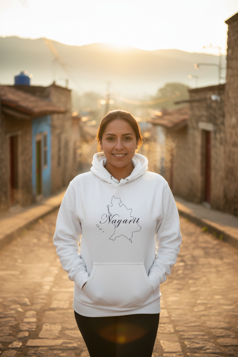 A white hoodie with 'Nayarit' text on the front and a hood.