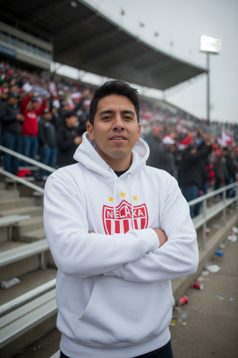 A man wearing a white pullover hoodie with a red and white Neckerés FC soccer crest stands with arms crossed in a stadium setting.