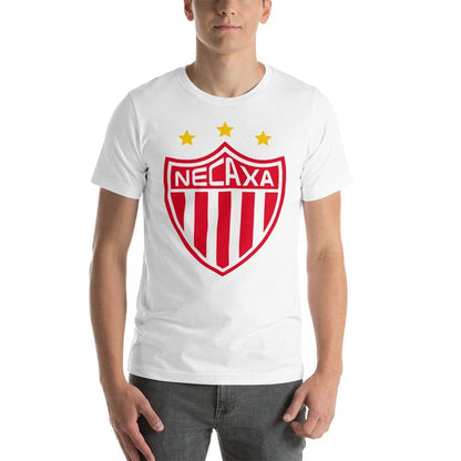 A person wearing a white short-sleeved t-shirt with a red Necaxa F.C. shield logo and stars.