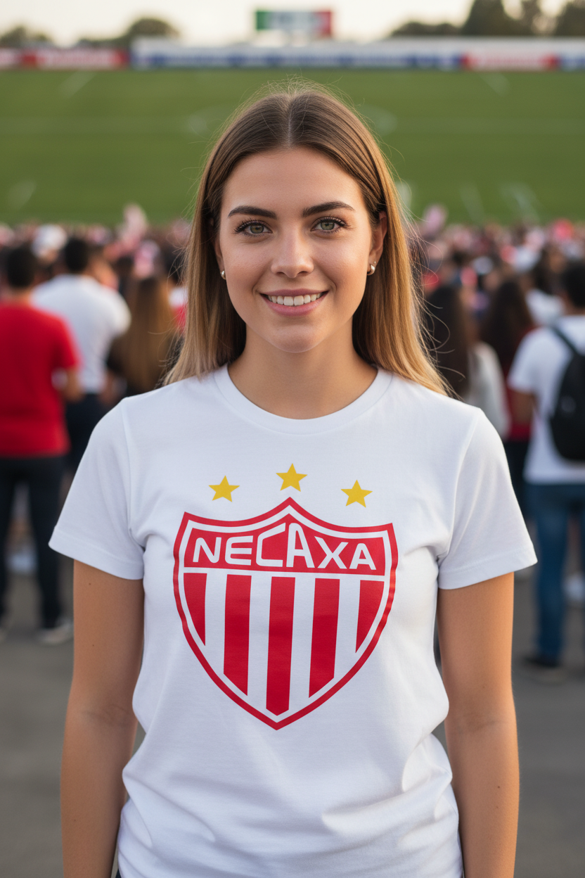 A smiling young woman stands outdoors wearing a white t-shirt with a red and white striped shield crest and the word 'Necaxa' across the chest, with a blurred crowd and green field in the background.