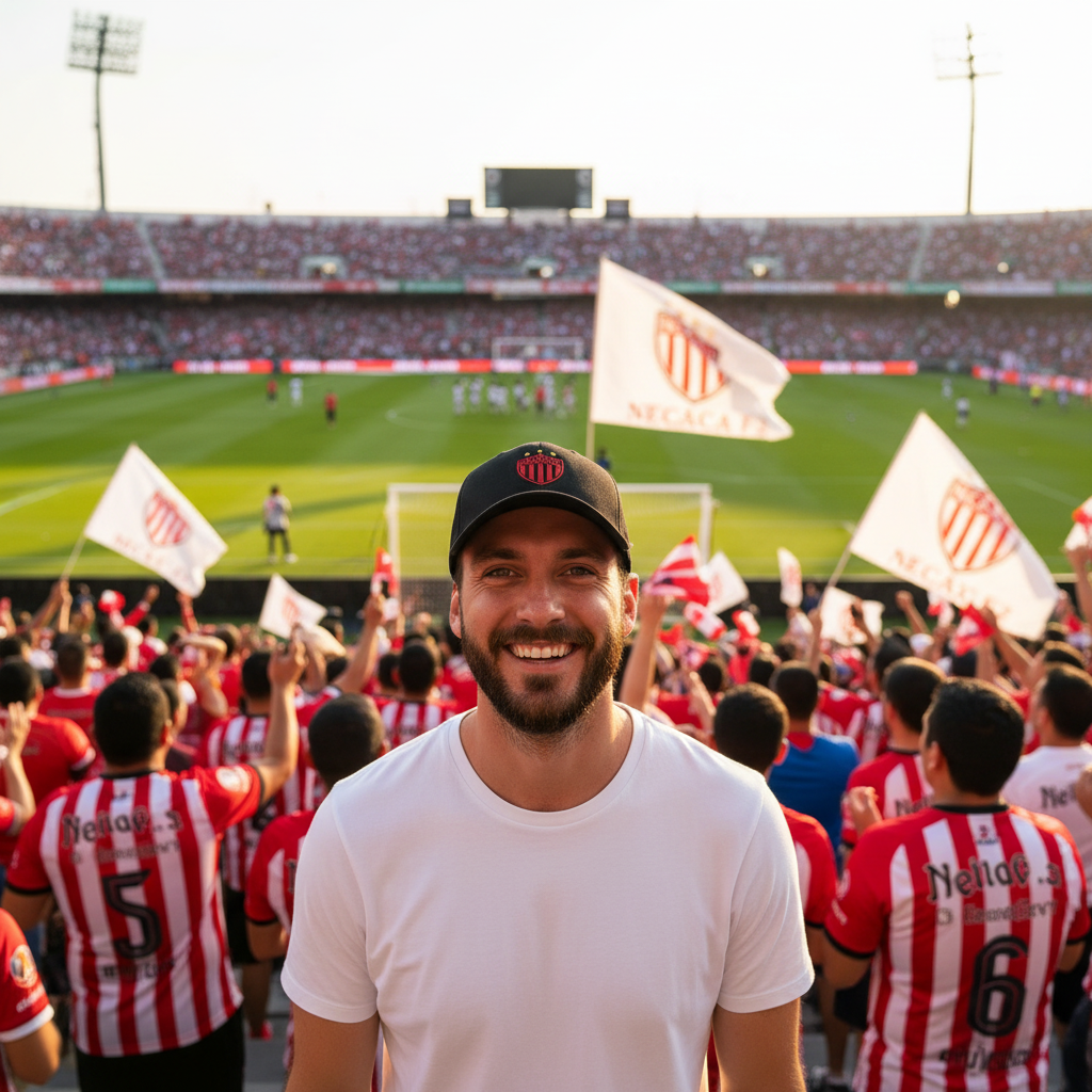 A smiling man in a white t-shirt and black Necaxa FC cap stands in a crowded soccer stadium, with fans in red and white striped jerseys waving flags in the background.