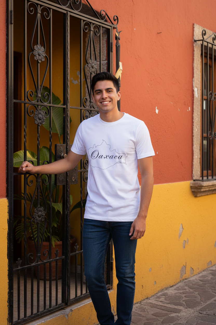 A person wearing a white, short-sleeved unisex T-shirt with the text 'Oaxaca Mexico' printed on the front.