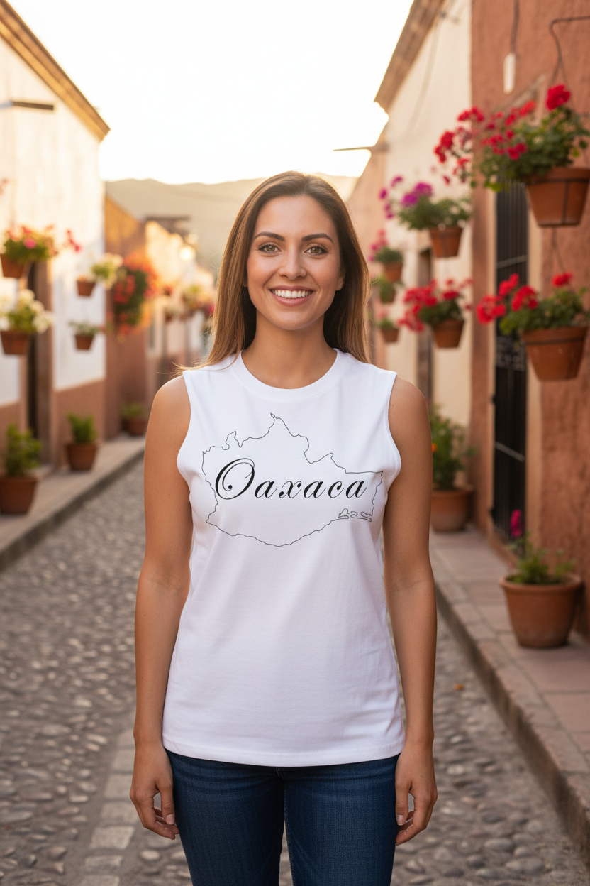 A person wearing a white sleeveless muscle shirt with the text 'Oaxaca' written across the front in black.