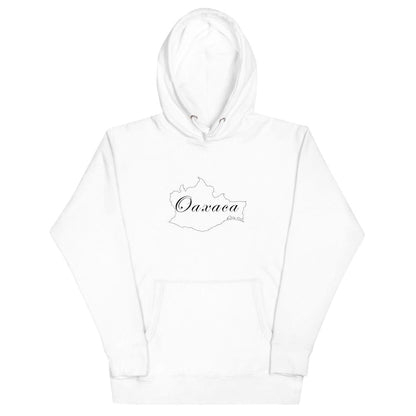 A white hoodie with 'Oaxaca' text on the front and a hood.