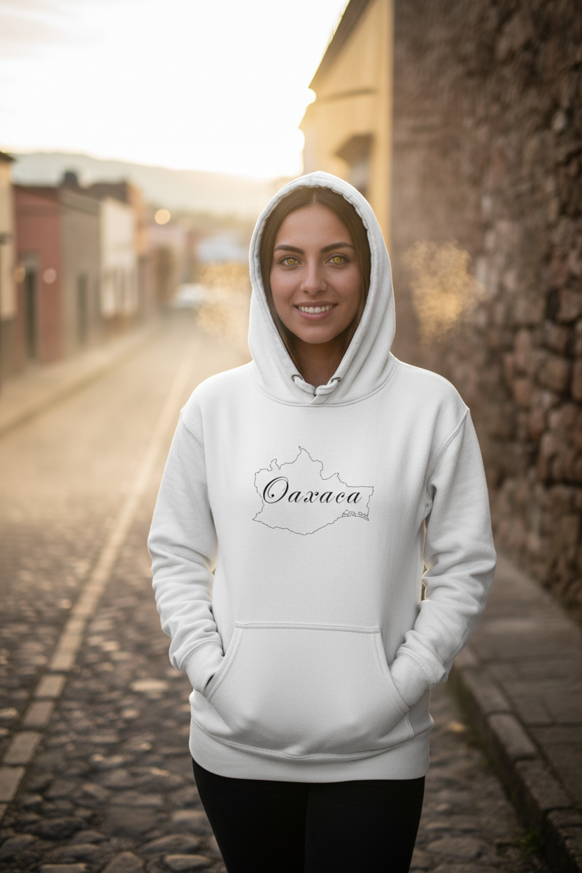 A white hoodie with 'Oaxaca' text on the front and a hood.