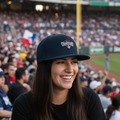 A woman smiling in a crowded baseball stadium, wearing a navy blue baseball cap with a white and red 'Olmecas de Tabasco' logo and a black t-shirt.