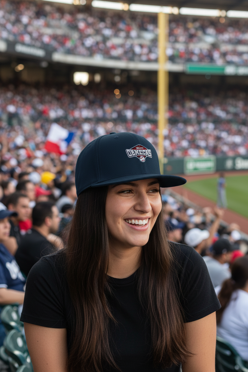 A woman smiling in a crowded baseball stadium, wearing a navy blue baseball cap with a white and red 'Olmecas de Tabasco' logo and a black t-shirt.