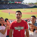A man in a red Olmecas de Tabasco baseball shirt stands smiling in a stadium crowd, with teammates and fans around him and a baseball field in the background.