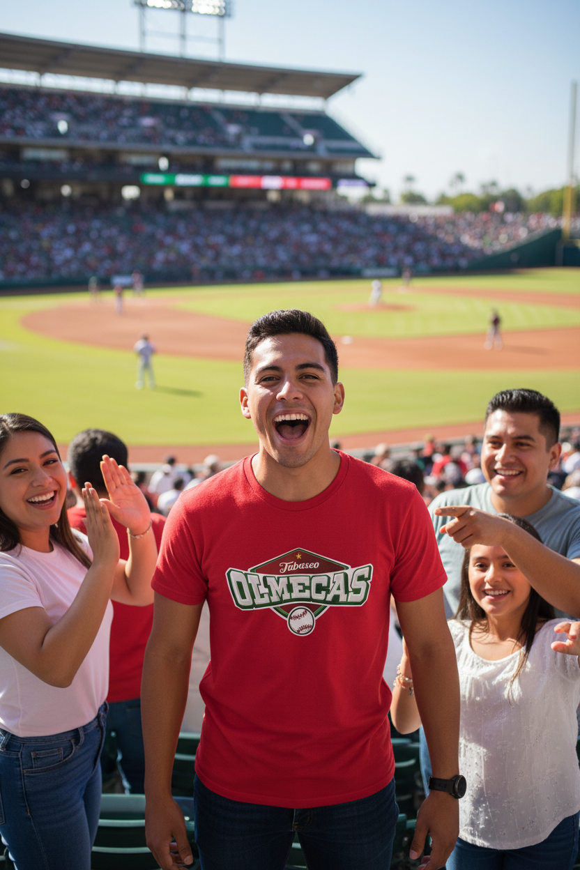 A man in a red Olmecas de Tabasco baseball shirt stands smiling in a stadium crowd, with teammates and fans around him and a baseball field in the background.