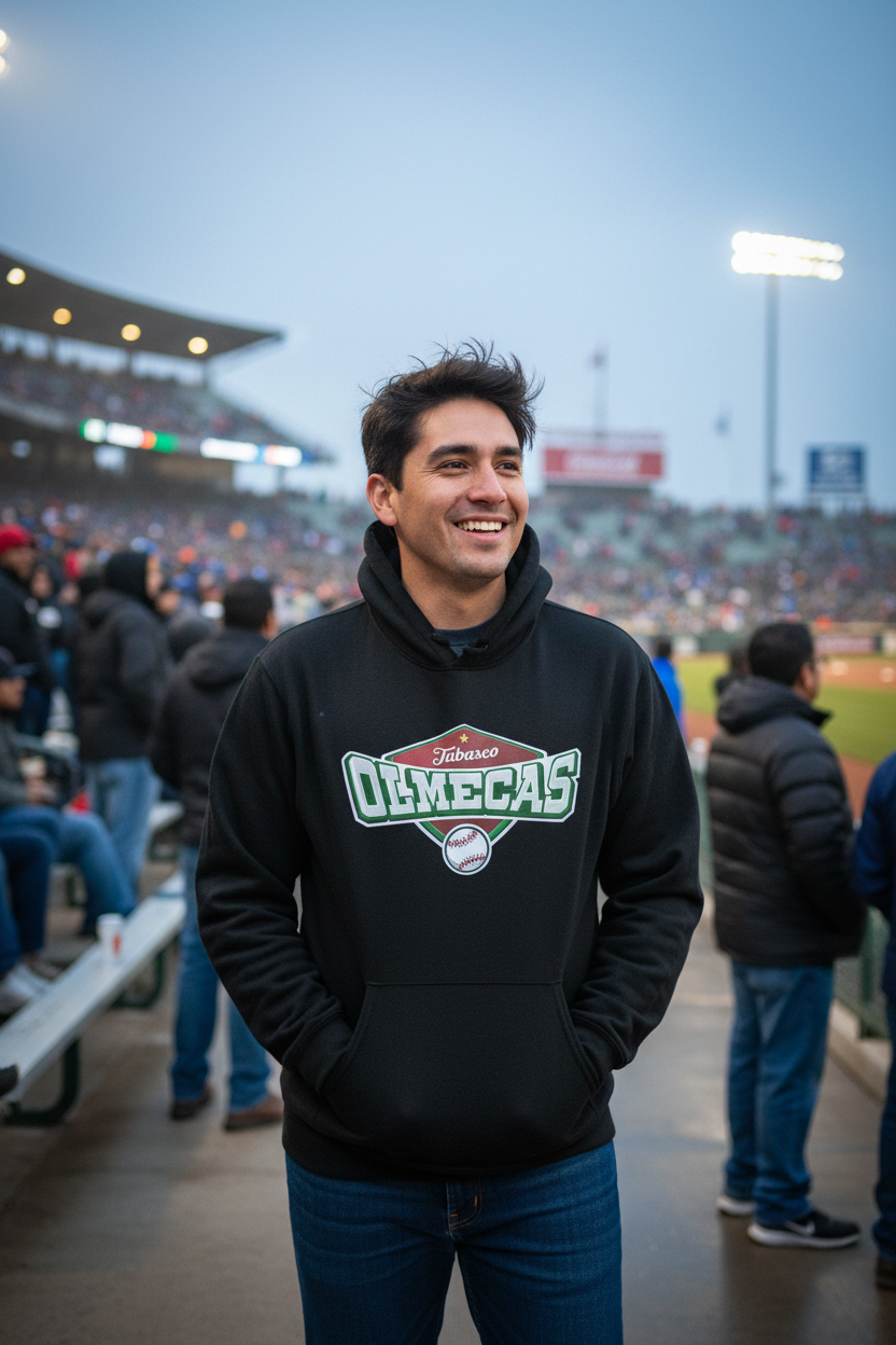 A man smiling in a stadium wearing a black hoodie with a 'Omecas' graphic on the front, paired with blue jeans.