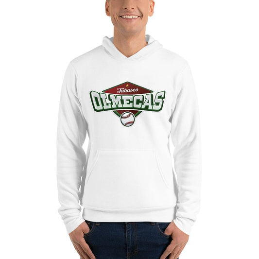 A person wearing a white unisex pullover hoodie with a graphic logo in the center, depicting the word 'OLMECAS' with a baseball and the colors green, white, and red.