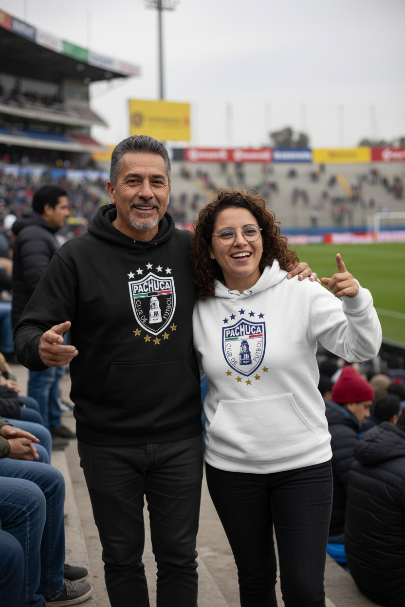 White hoodie with Pachuca FC logo on the front.