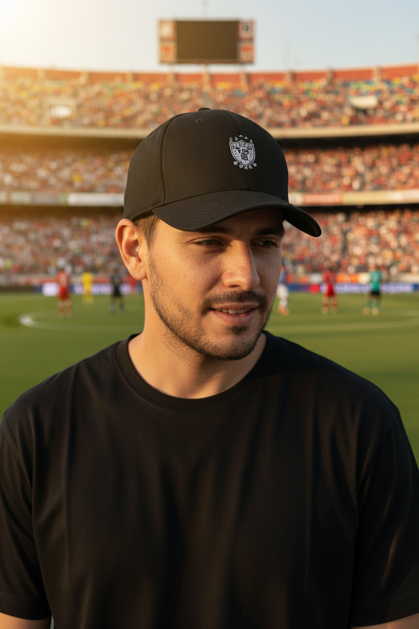 A man wearing a black baseball cap with a white crest Pachuca FC logo and a black t-shirt, standing in front of a blurred soccer stadium background.