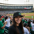 A smiling woman in a baseball stadium wearing a Pericos de Puebla black cap with a green and white logo and a black t-shirt, with fans and a field visible in the background.