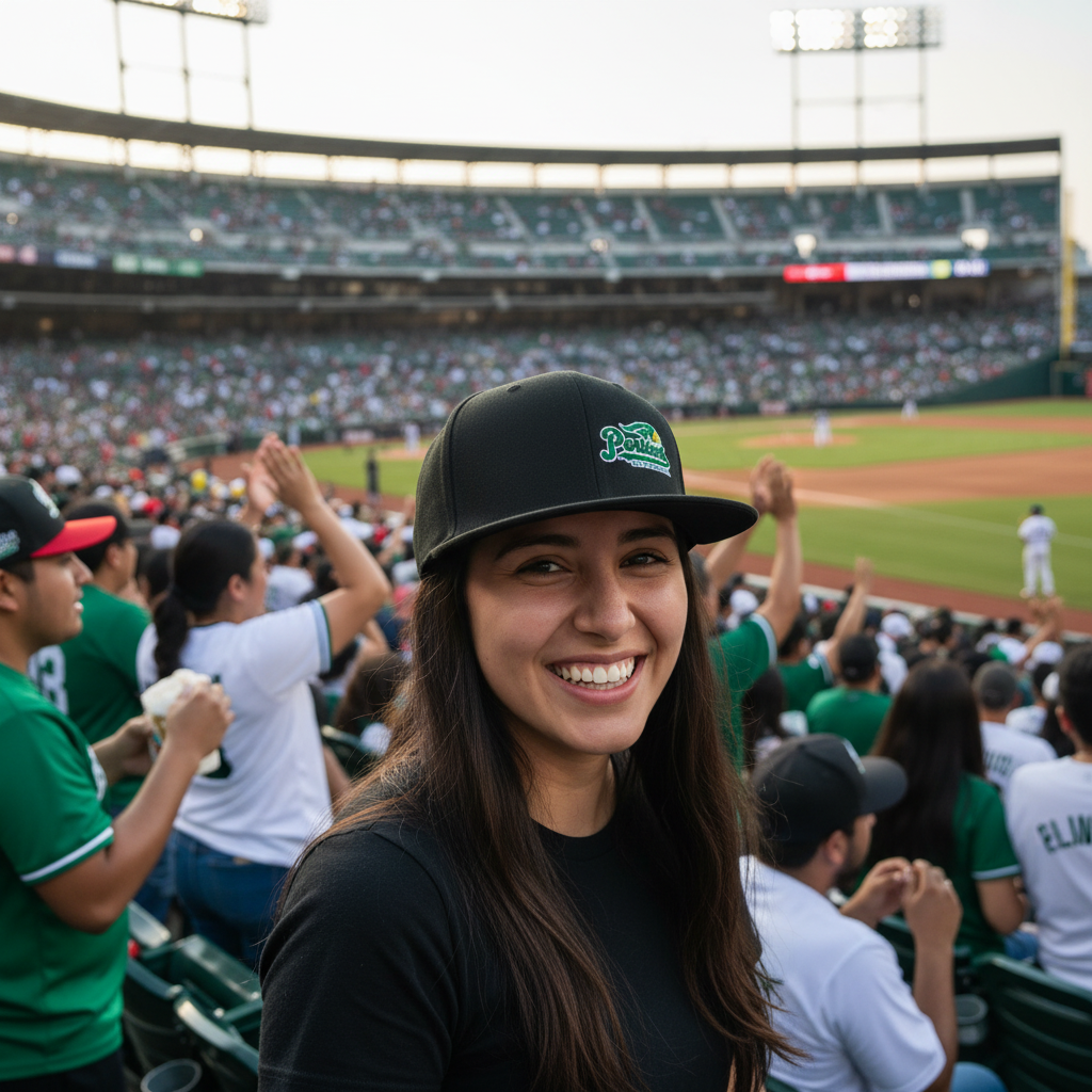 A smiling woman in a baseball stadium wearing a Pericos de Puebla black cap with a green and white logo and a black t-shirt, with fans and a field visible in the background.
