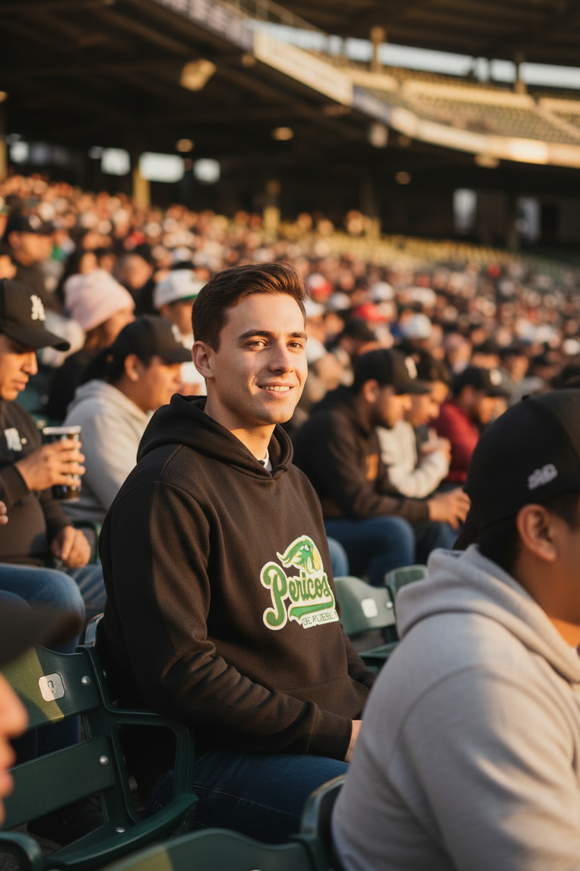 A man wearing a black Pericos de Puebla hoodie sitting in a crowded baseball stadium, smiling during a game.