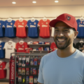 A smiling man in a retail store wearing a red baseball cap and a light gray t-shirt, with soccer jerseys hanging on the wall behind him.