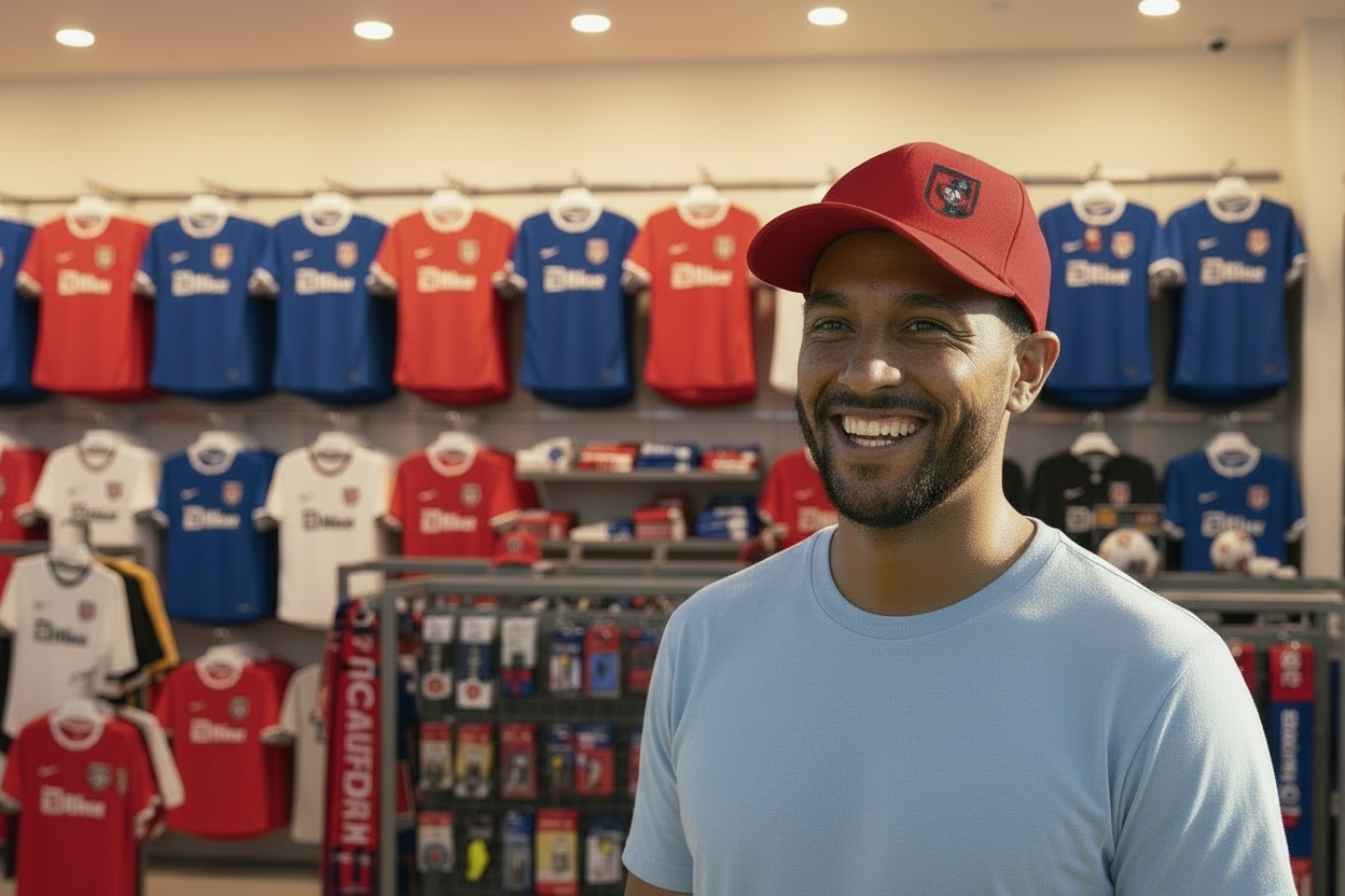 A smiling man in a retail store wearing a red baseball cap and a light gray t-shirt, with soccer jerseys hanging on the wall behind him.