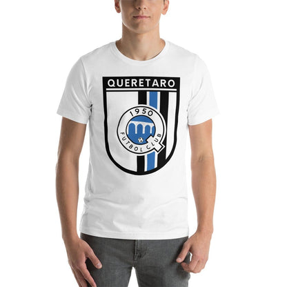 A person wearing a white crew neck t-shirt with a graphic print of a sports team badge, the Queretaro F.C.