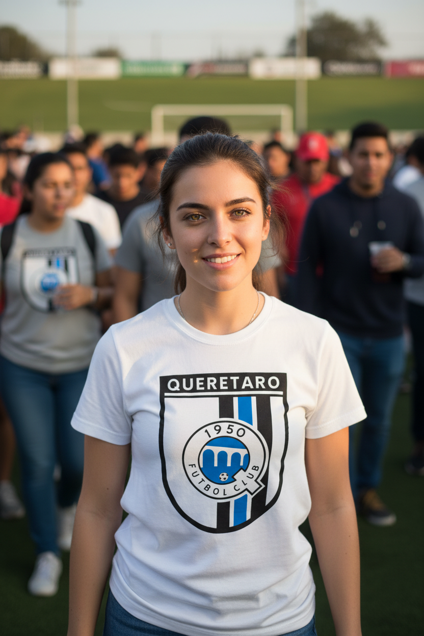 A smiling young woman stands on a soccer field wearing a white Queretaro FC athletic t-shirt with a black and blue crest graphic. The background shows a blurred crowd of people on the field.
