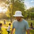 A man in a light blue t-shirt and a white bucket hat with a simple line-art graphic walks through a sunny park with children playing in the background.