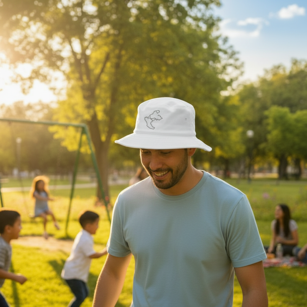 A man in a light blue t-shirt and a white bucket hat with a simple line-art graphic walks through a sunny park with children playing in the background.