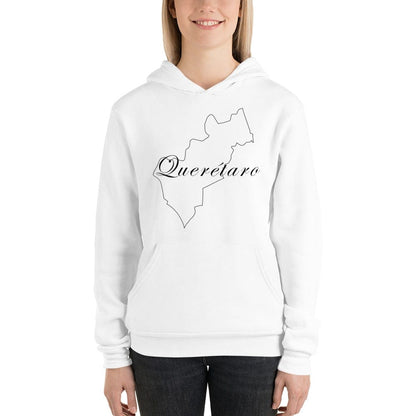 A woman wearing a white hoodie with the text 'Queretaro' printed on the front.