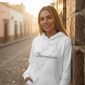 A woman wearing a white hoodie with the text 'Queretaro' printed on the front.