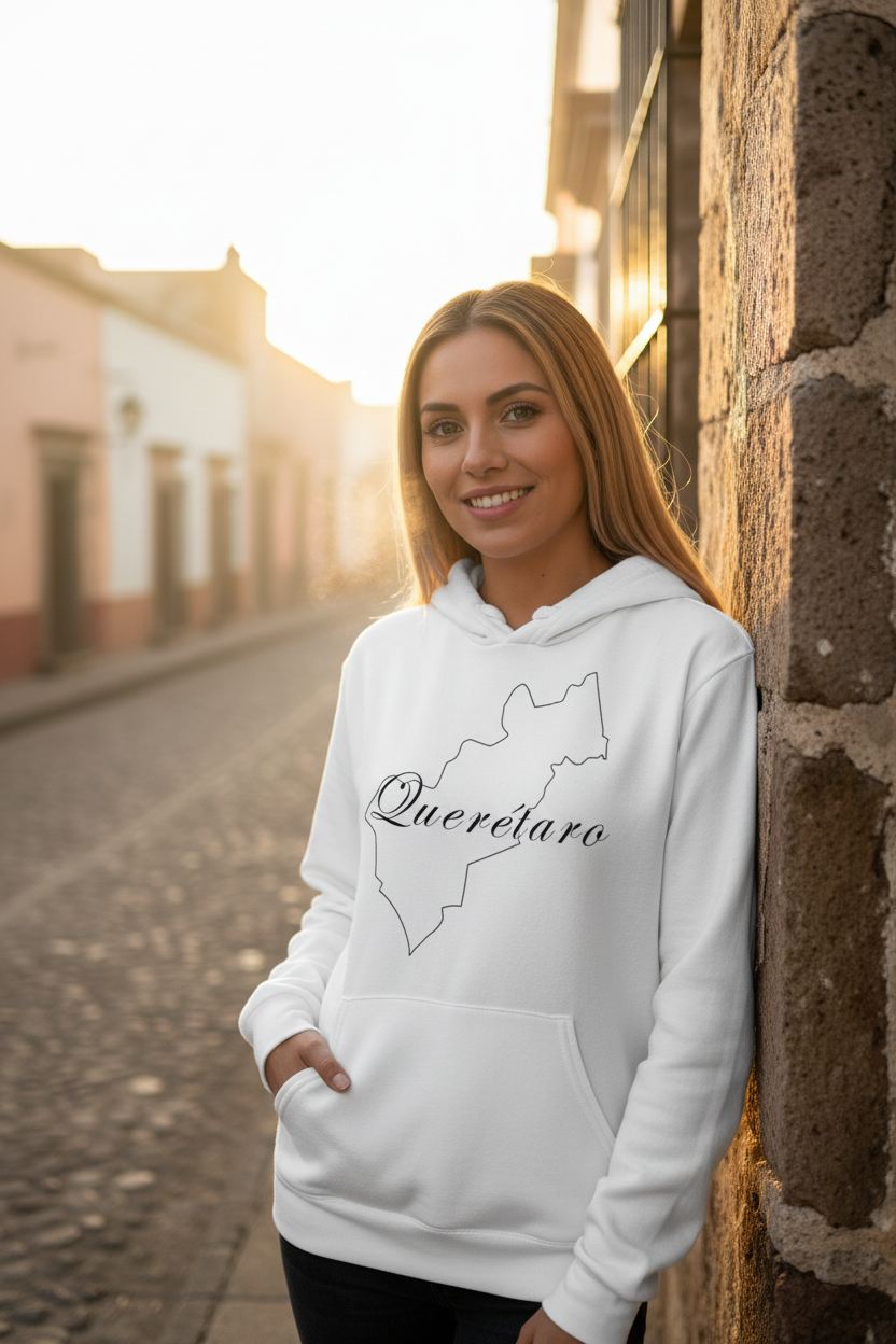 A woman wearing a white hoodie with the text 'Queretaro' printed on the front.