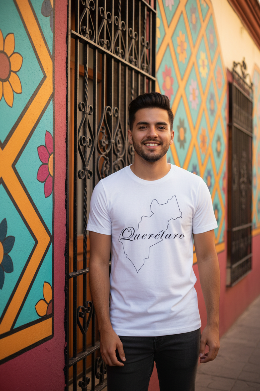 A person wearing a white, short-sleeved unisex T-shirt with the text 'Queretaro' printed on the front.