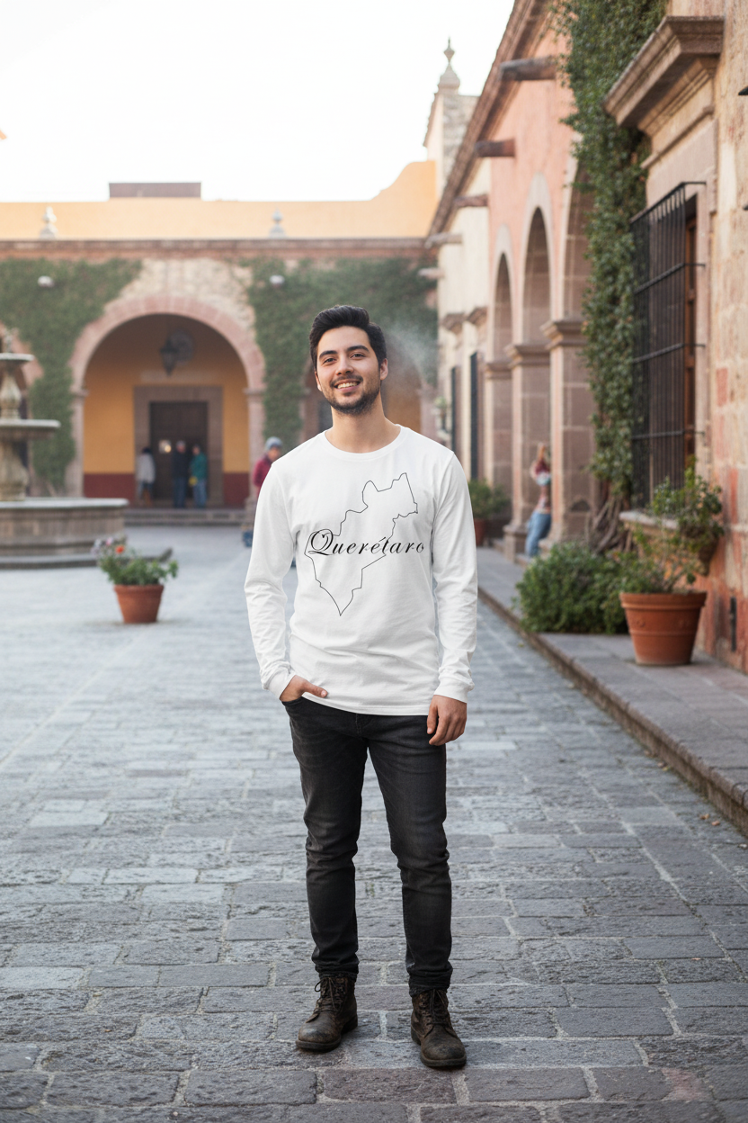 A person wearing a white long sleeve t-shirt with 'Queretaro' written on it in black script.
