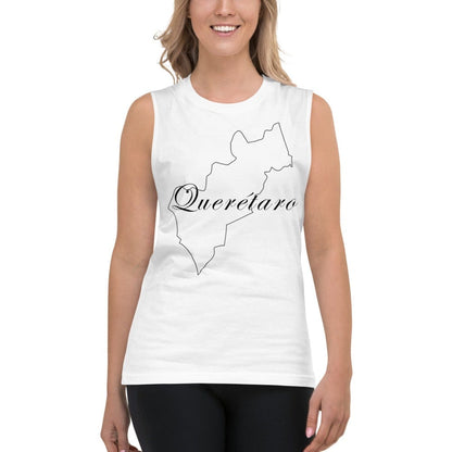 A person wearing a white unisex muscle shirt with the text 'Queretaro' on it.