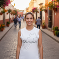 A person wearing a white unisex muscle shirt with the text 'Queretaro' on it.