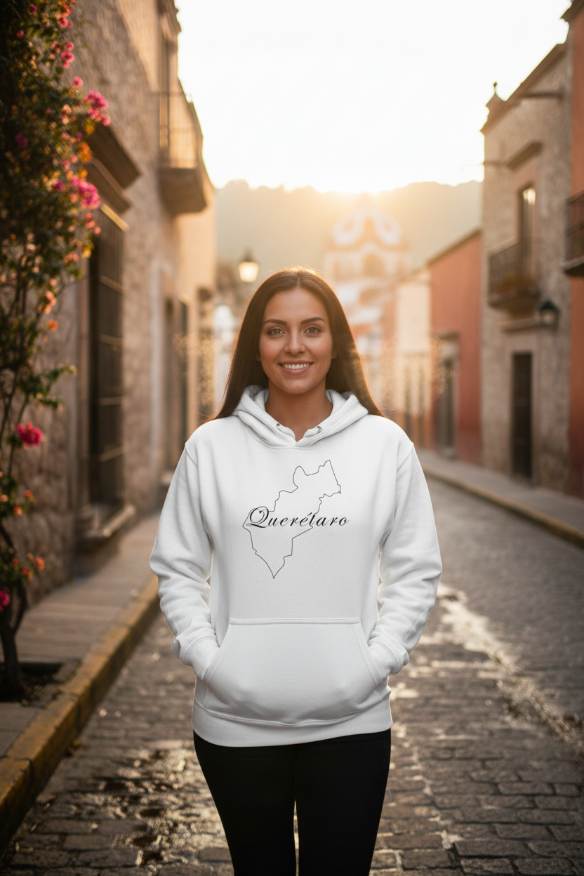 A white unisex premium hoodie with a hood and a front pouch pocket, featuring the text 'Queretaro' on the front.