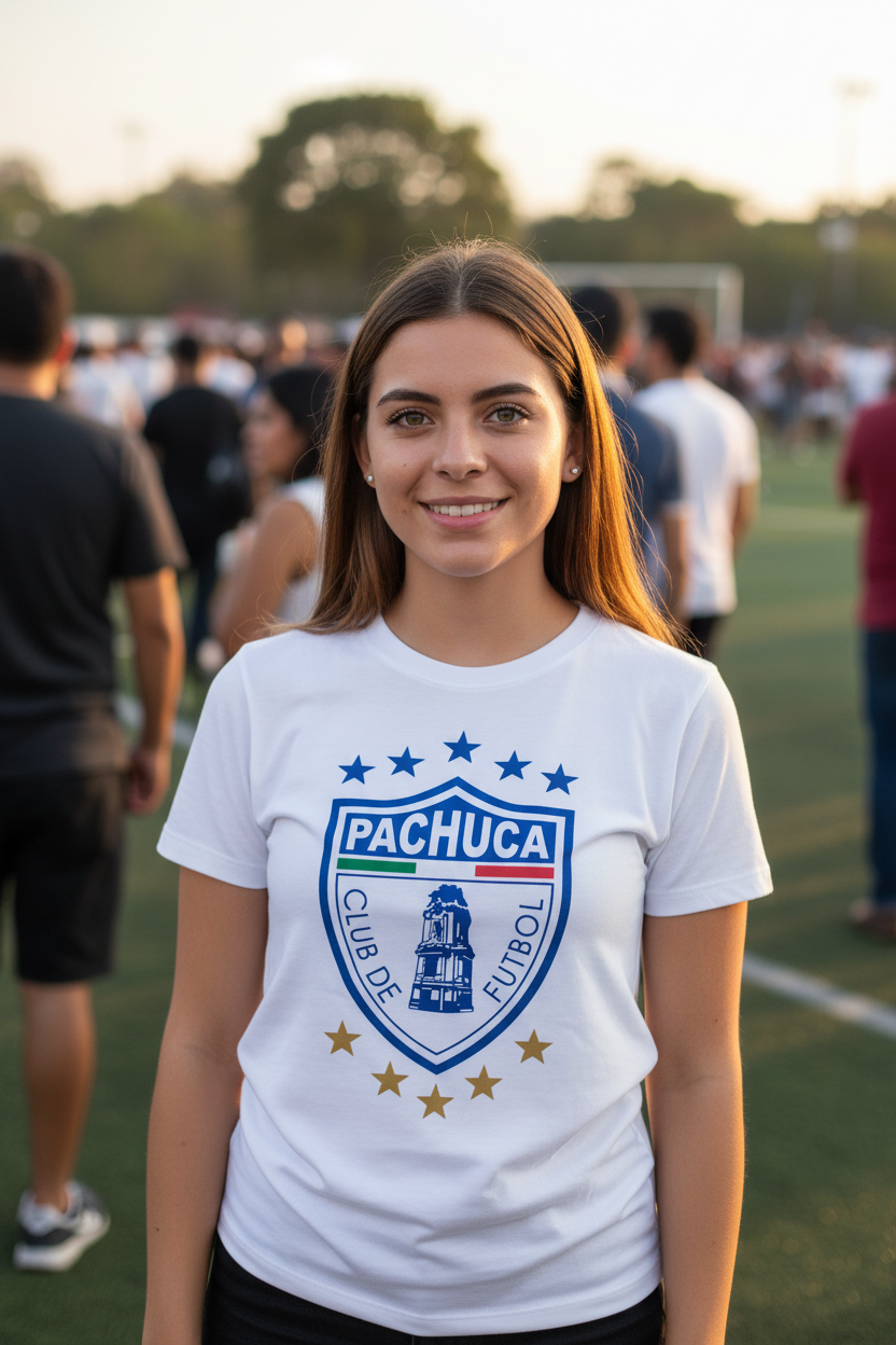 A smiling young woman stands on a soccer field wearing a white graphic t-shirt with a blue and red Pachuca Club de Futbol crest.
