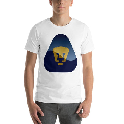 A person wearing a white crew neck t-shirt with a graphic print of a geometric shape and the Pumas U.N.A.M