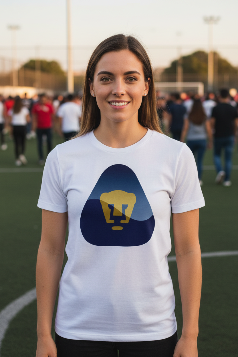 A smiling young woman stands on a sports field wearing a white t-shirt with a navy blue and yellow graphic of Pumas UNAM.