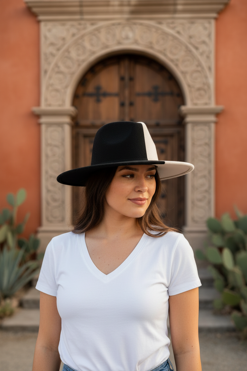 A two-tone wide brim fedora hat with one half beige and the other half black, viewed from the side and from above.
