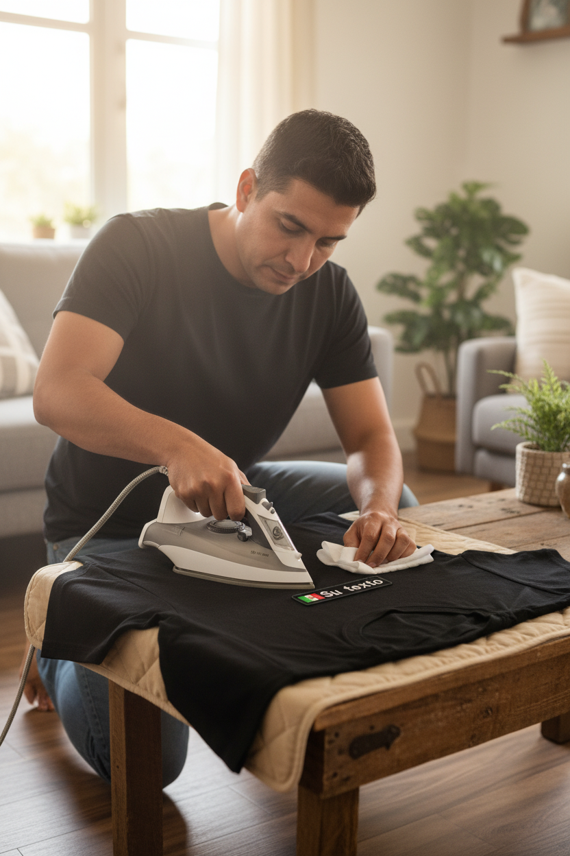 A man kneels beside a wooden table in a bright living room, ironing a black T-shirt laid flat. The shirt has a small colorful logo near the lower right area.