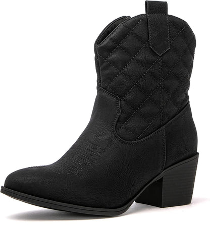 Western-inspired cowboy boots in black with quilted upper stitching and block heel