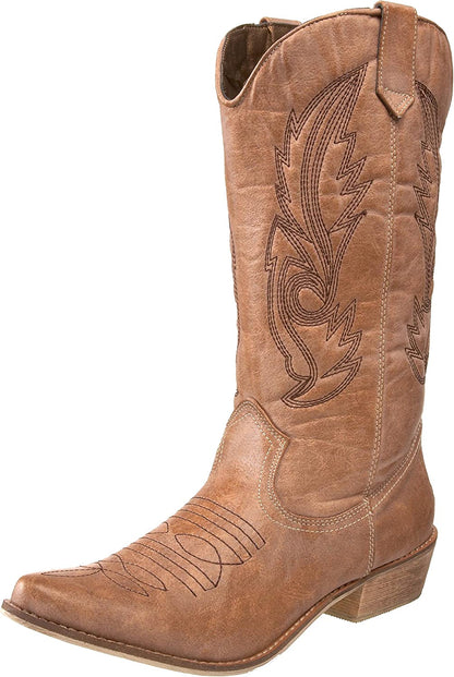 Tan gaucho western boots with embossed stitching and low block heel