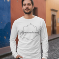 A person wearing a gray long sleeve T-shirt with 'Aguascalientes' text and a map outline in black.