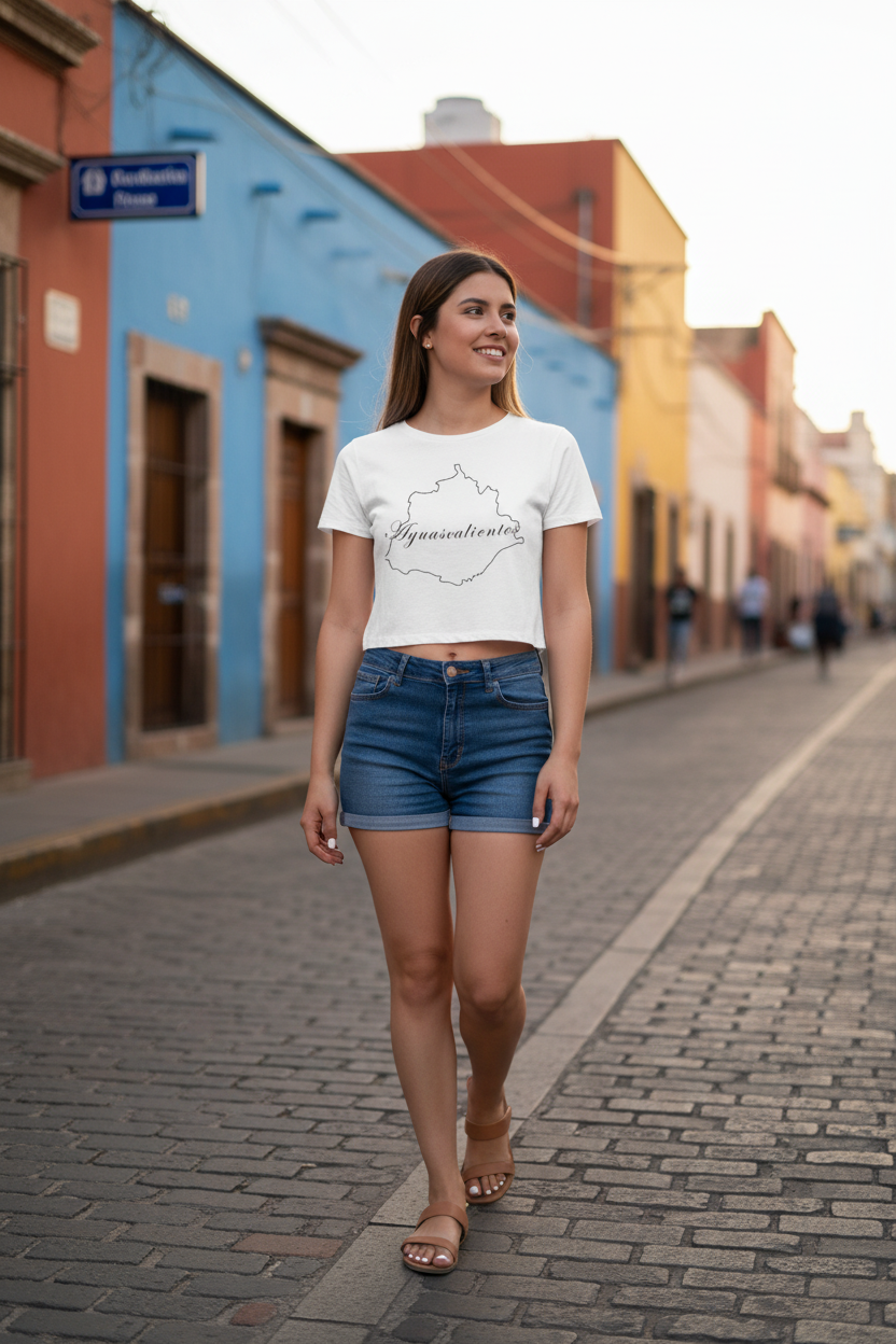 A woman wearing a white cropped T-shirt with 'Aguascalientes' text and a silhouette of a person, paired with blue jeans.