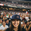 A smiling woman in a crowded stadium wearing a navy blue baseball cap with a circular logo and a black t-shirt. The background shows a packed sports arena with bright stadium lights and blurred spectators.